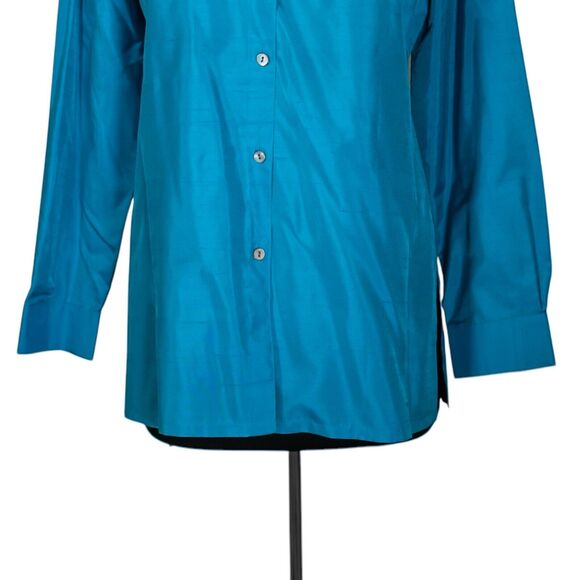 Chico's Women's Shirt Teal Blue Button Up Silk Stretch Mandarin Collar Top 1 M/8 - Picture 6 of 9